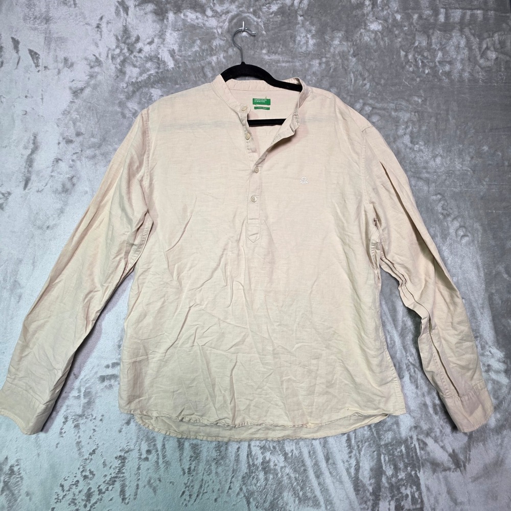 United Colors of Benetton Mens XL Linen Popover Shirt Beige Mandarin Collar